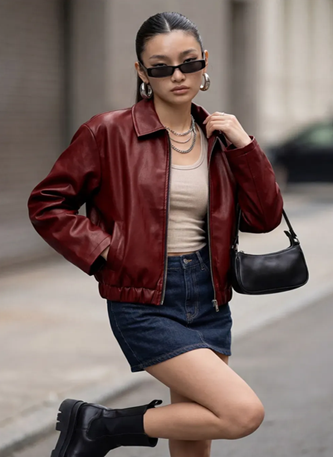 Wine PU Bomber Jacket