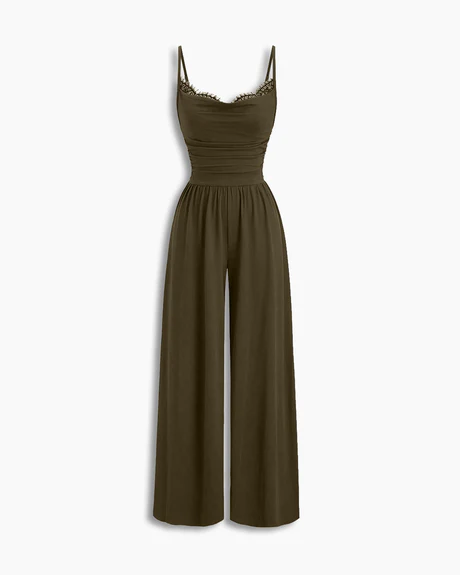 Lace Trim Sleeveless Wide Leg Jumpsuit in Coffee Brown