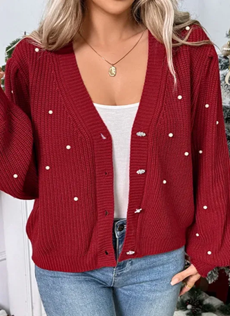 Red Pearl-Embellished Buttoned Cardigan