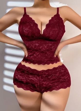 Wine Lace Vneck Lingerie Set