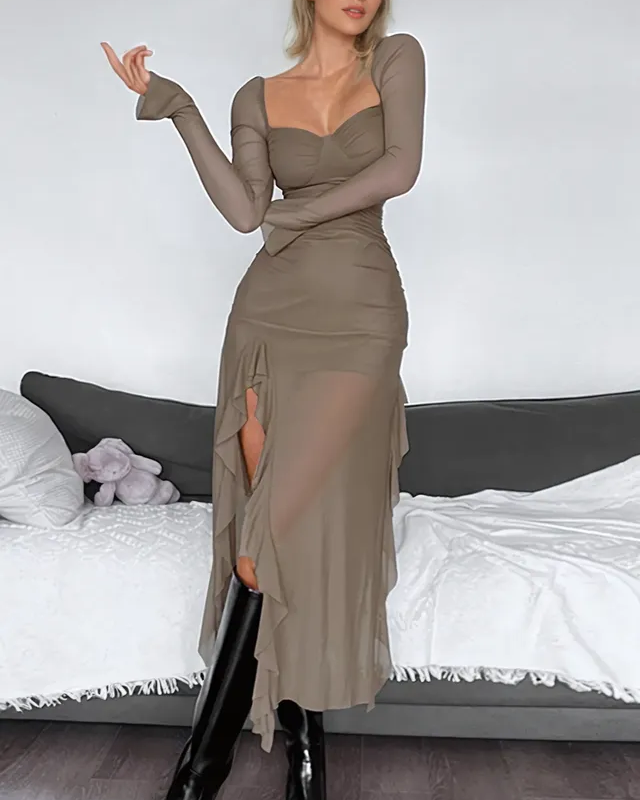 Brown Sweetheart Neck Bodycon Dress