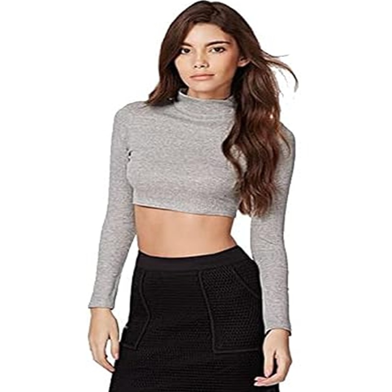 Grey Rib HIGH Neck Full Sleeve Crop TOP