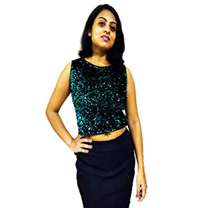 Green Velvet Sequence Crop Top/Western Sleeveless Solid Printed Girls Dress