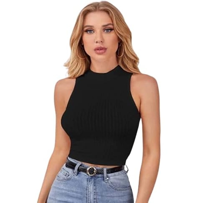 Black Ribbed Mock Neck Crop Top/Western Solid Printed Girls Dress