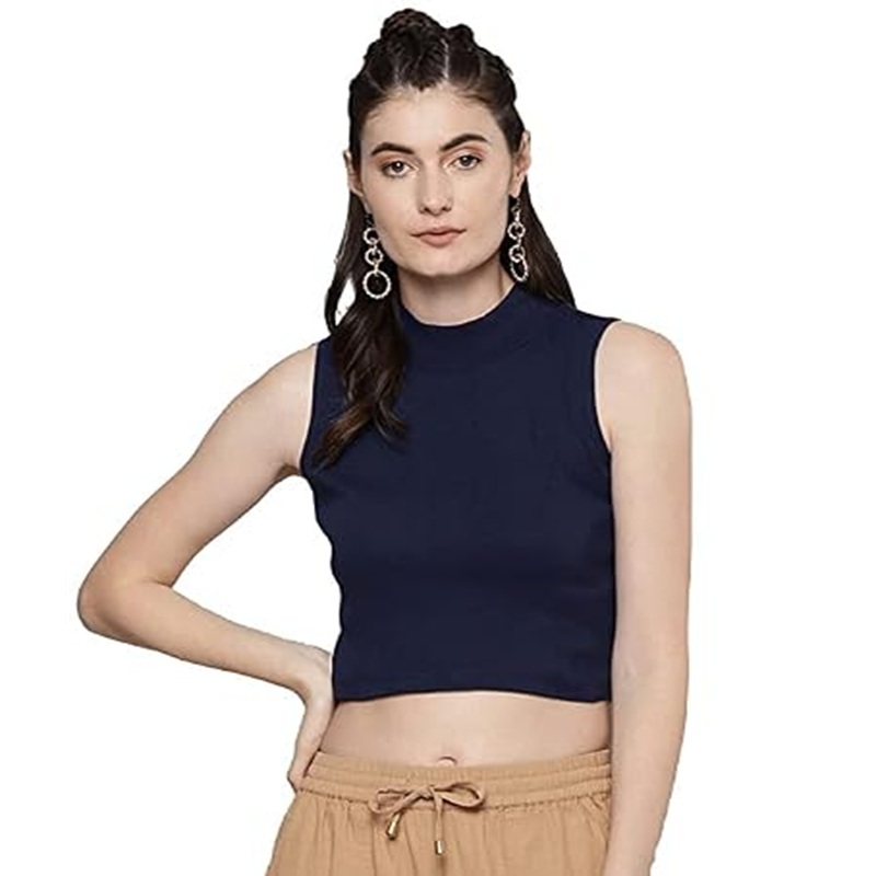 Blue Mock Neck Ribbed Crop Top