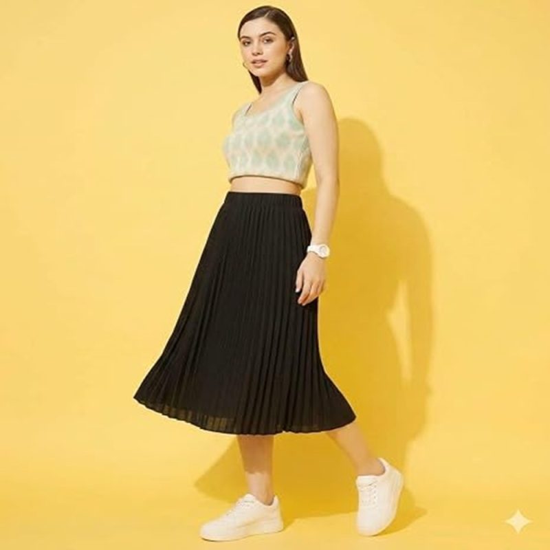 Women Western Knee Length Pleated Skirt | Party, Festive Polyester Dress
