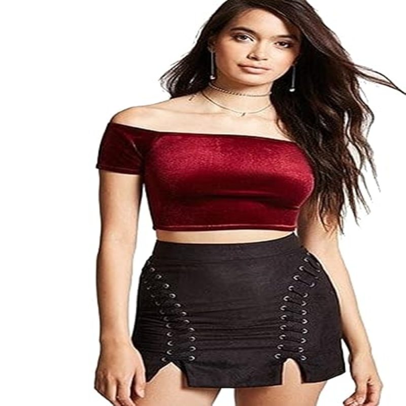 Velvet Off Shoulder Half Sleeve Top Girls/Solid Printed Black Casual Wear Women Top