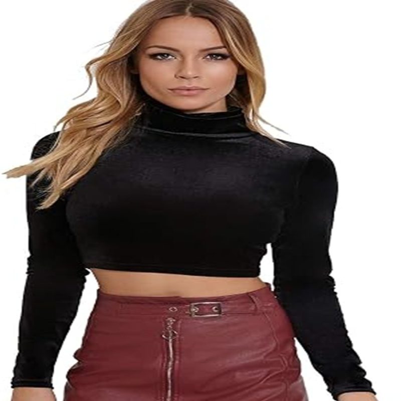 Women's Velvet high Neck Full Sleeve Crop top (Black, Free Size)