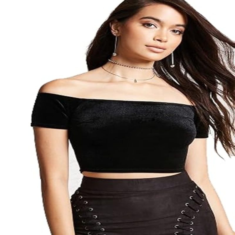 Velvet Off Shoulder Half Sleeve Top Girls/Solid Printed Black Casual Wear Women Top