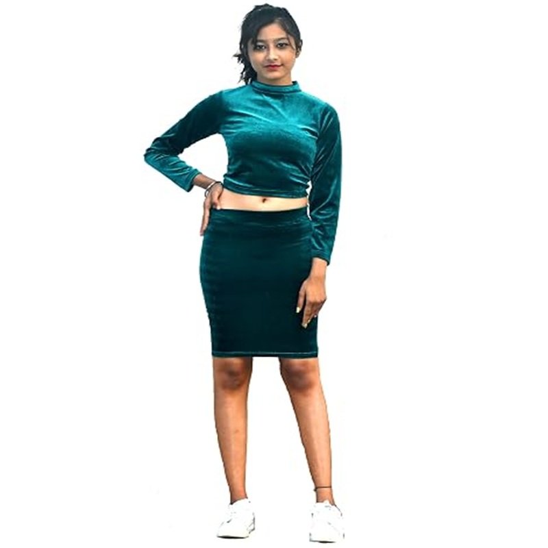 Girls Green Velvet Pencil Skirt