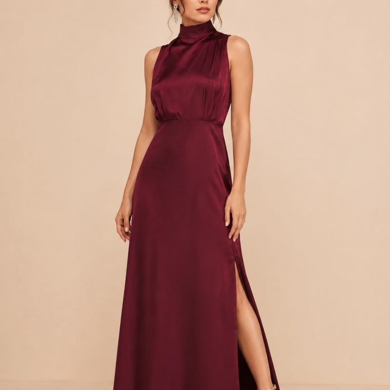 Armani satin   maroon color back zip halter neck sheath dress with side slite party wear .
