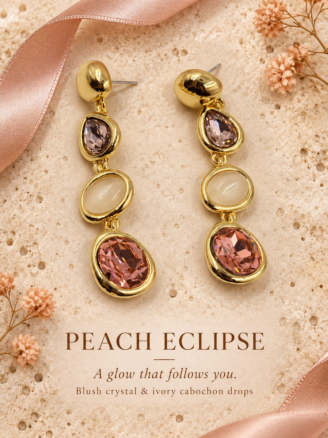 Peach Eclipse Blush Crystal and Ivory Cabochon Drop Earrings