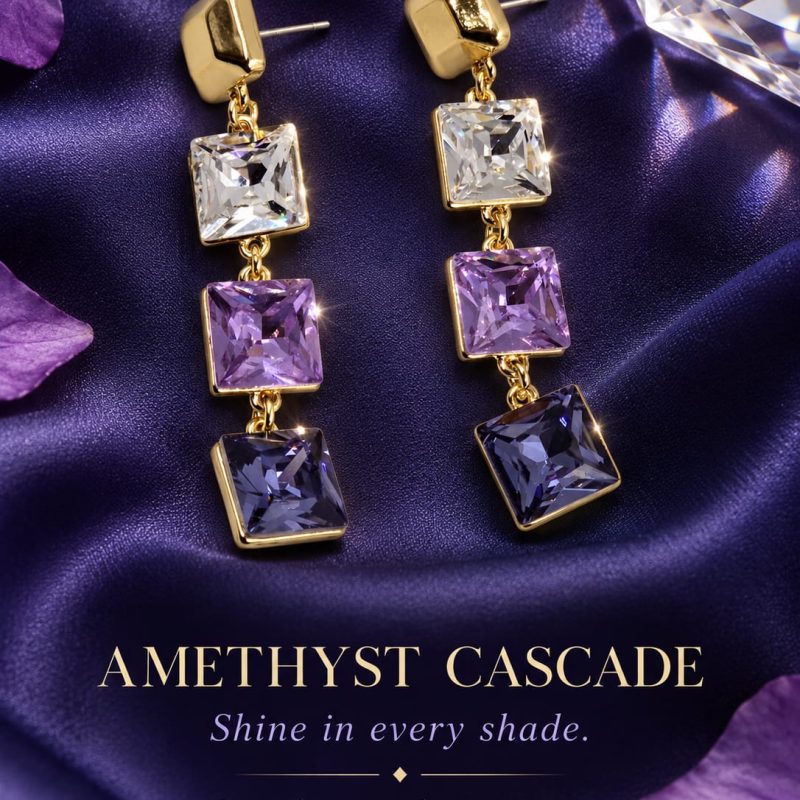 Amethyst Cascade Crystal Square Drop Earrings