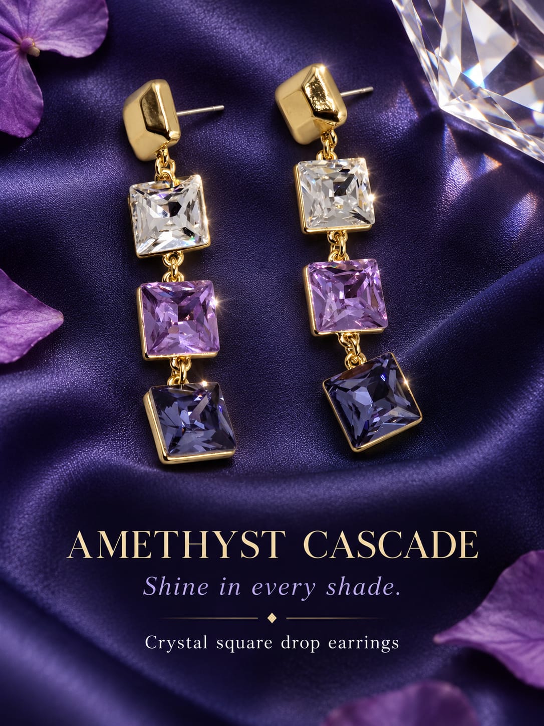 Amethyst Cascade Crystal Square Drop Earrings