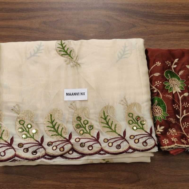 Ivory Cream Embroidered Saree