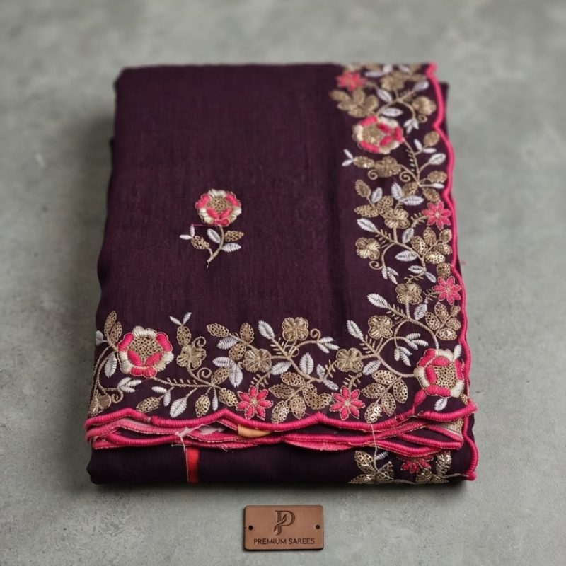 Wine Embroidered Cutwork Saree
