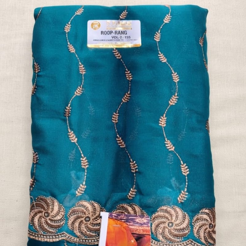 Peacock Blue Leaf Vertical Trail Embroidered Saree