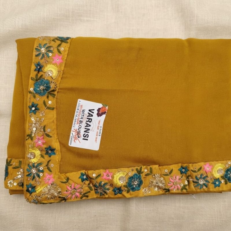 Mustard Yellow Floral Embroidered Border Saree