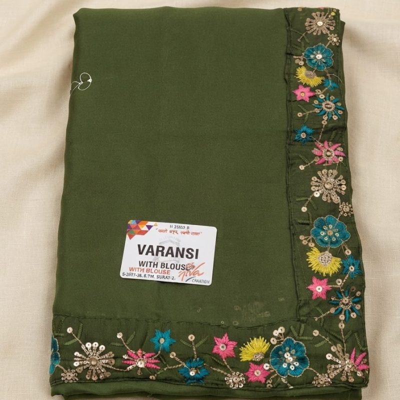 Green Floral Embroidered Border Saree