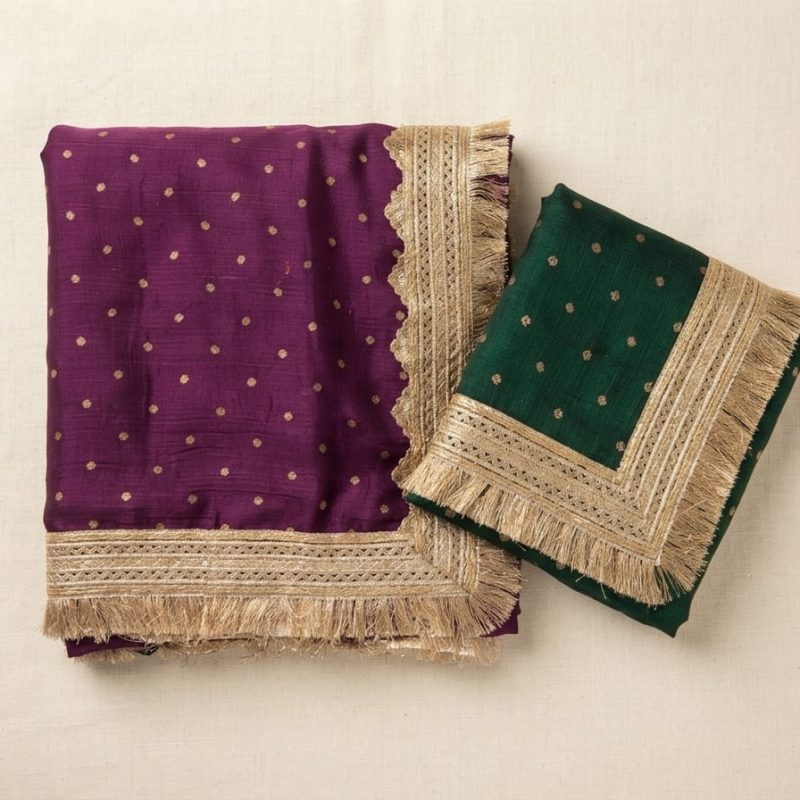 Burgundy Gold Booti Saree with Contrast Green Blouse