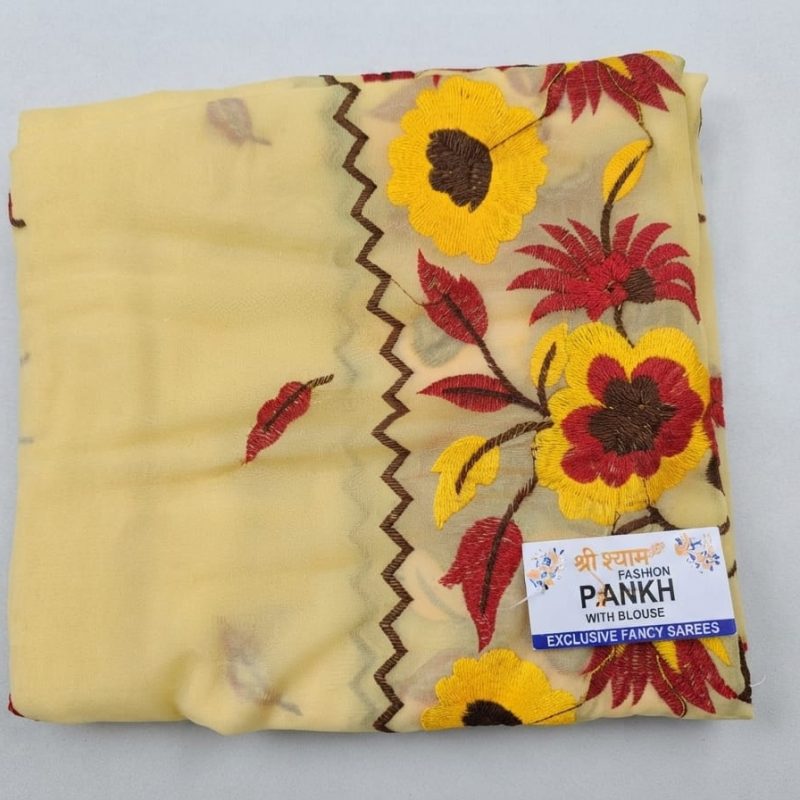 Cream Yellow Sunflower Embroidered Saree