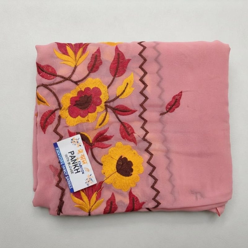 Patel Pink Sunflower Embroidered Saree