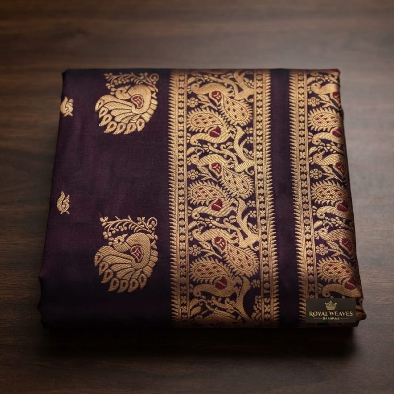 Deep Wine Saree with Gold Zari Peacock Weave