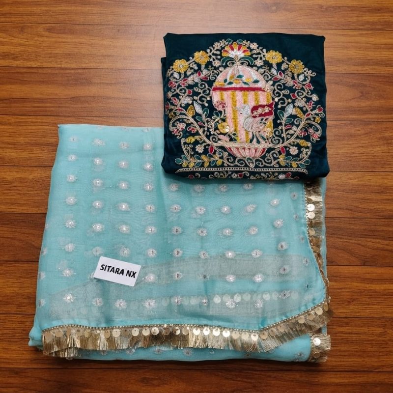 Blue Sequin Embroidered Saree