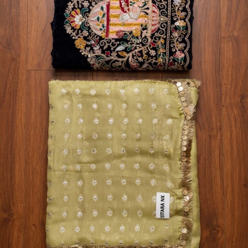 Olive Green Sequin Embroidered Saree